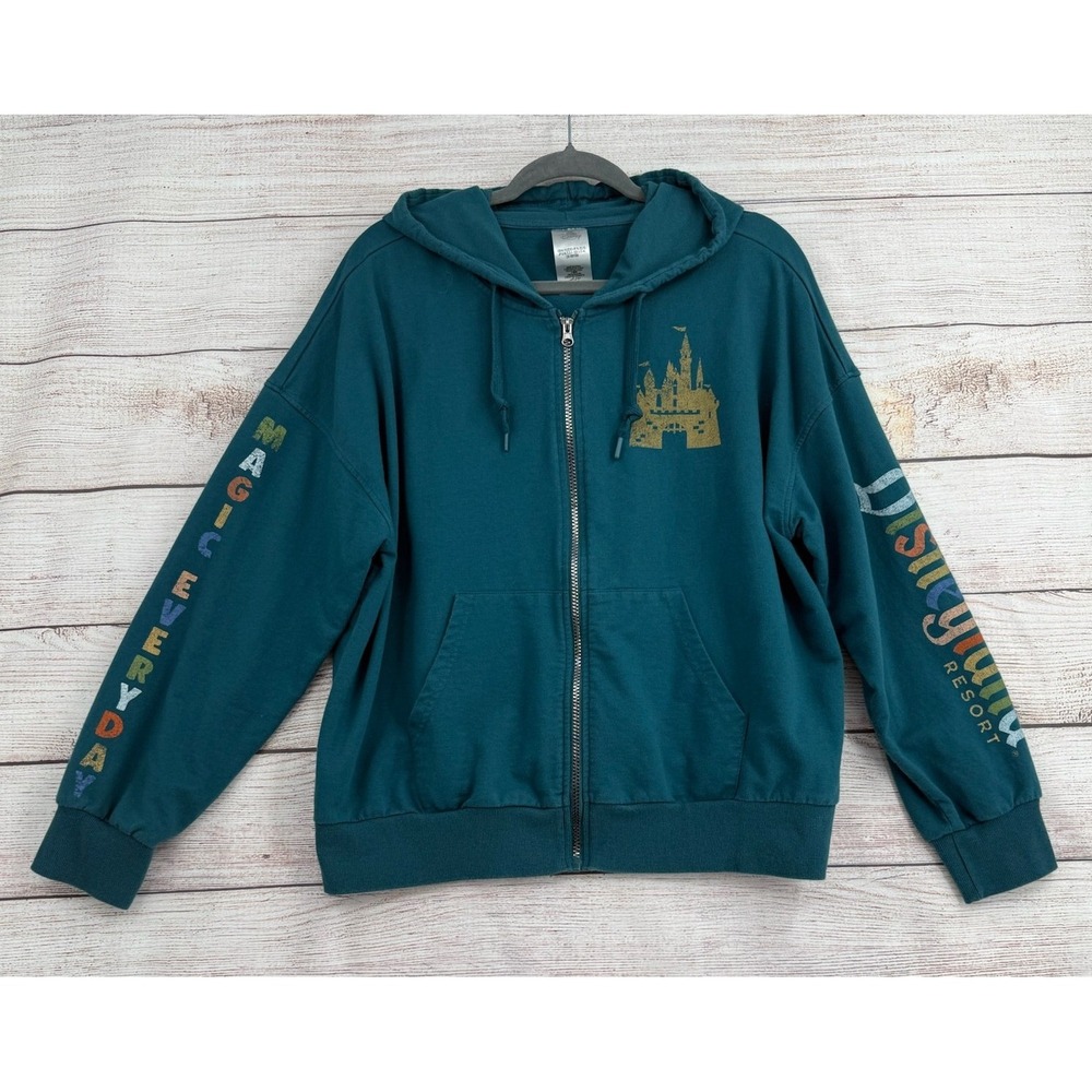 Disney Zip Hoodie Women XL Teal Happiest Place On Earth Castle Graphic